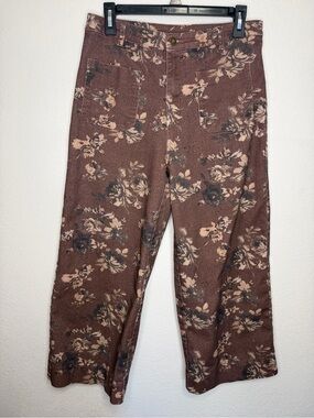 Entro Floral Wide Leg Pants Large Brown Rose Print High Rise Crop Denim Culottes